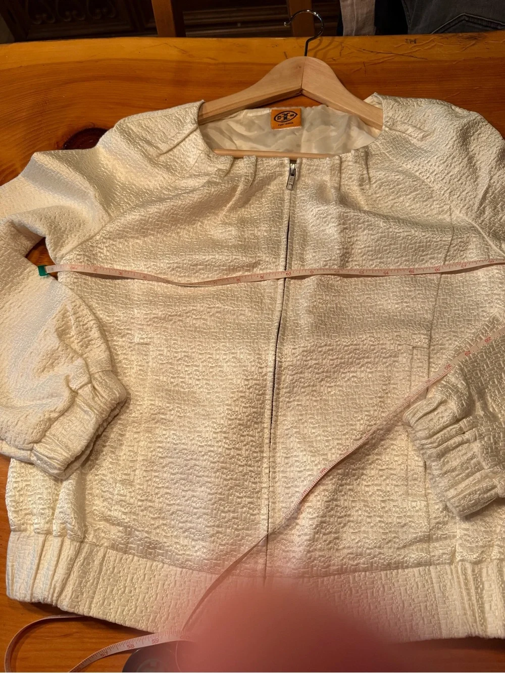 Tory Burch Cream Textured Zip-Front Bomber Jacket